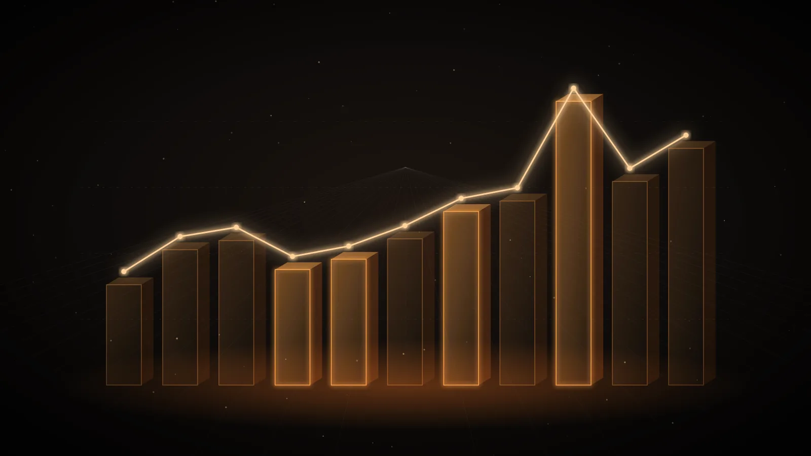 Amber columns of different heights under a glowing trend line on a dark ground, representing token counts across a RAG pipeline
