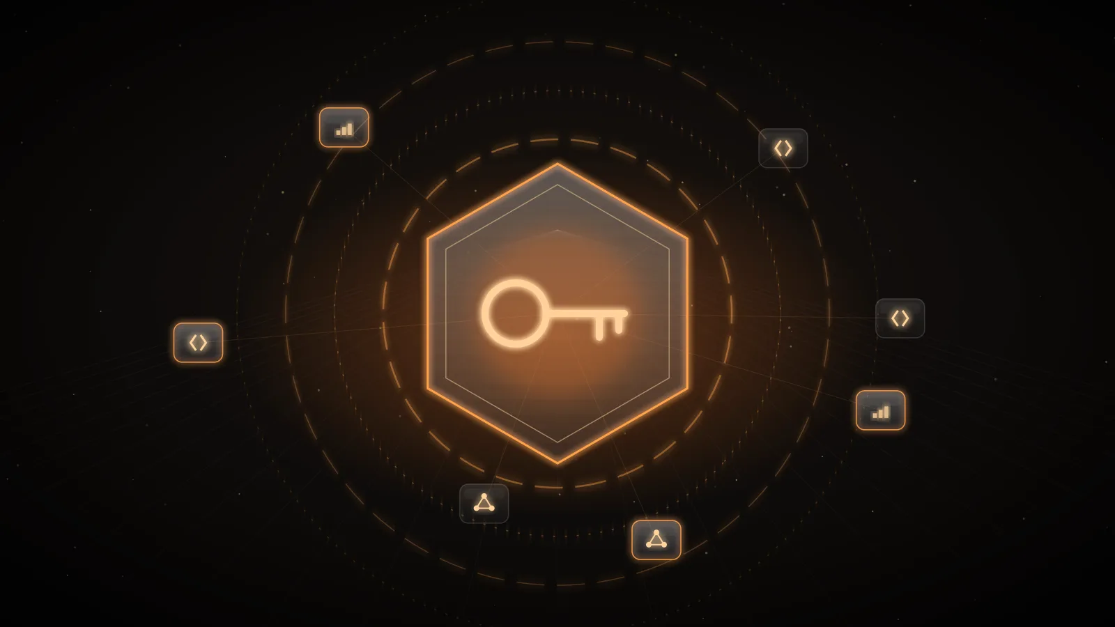 An amber key inside a glowing glass hexagon on a dark ground, ringed by dashed orbits and small glass nodes