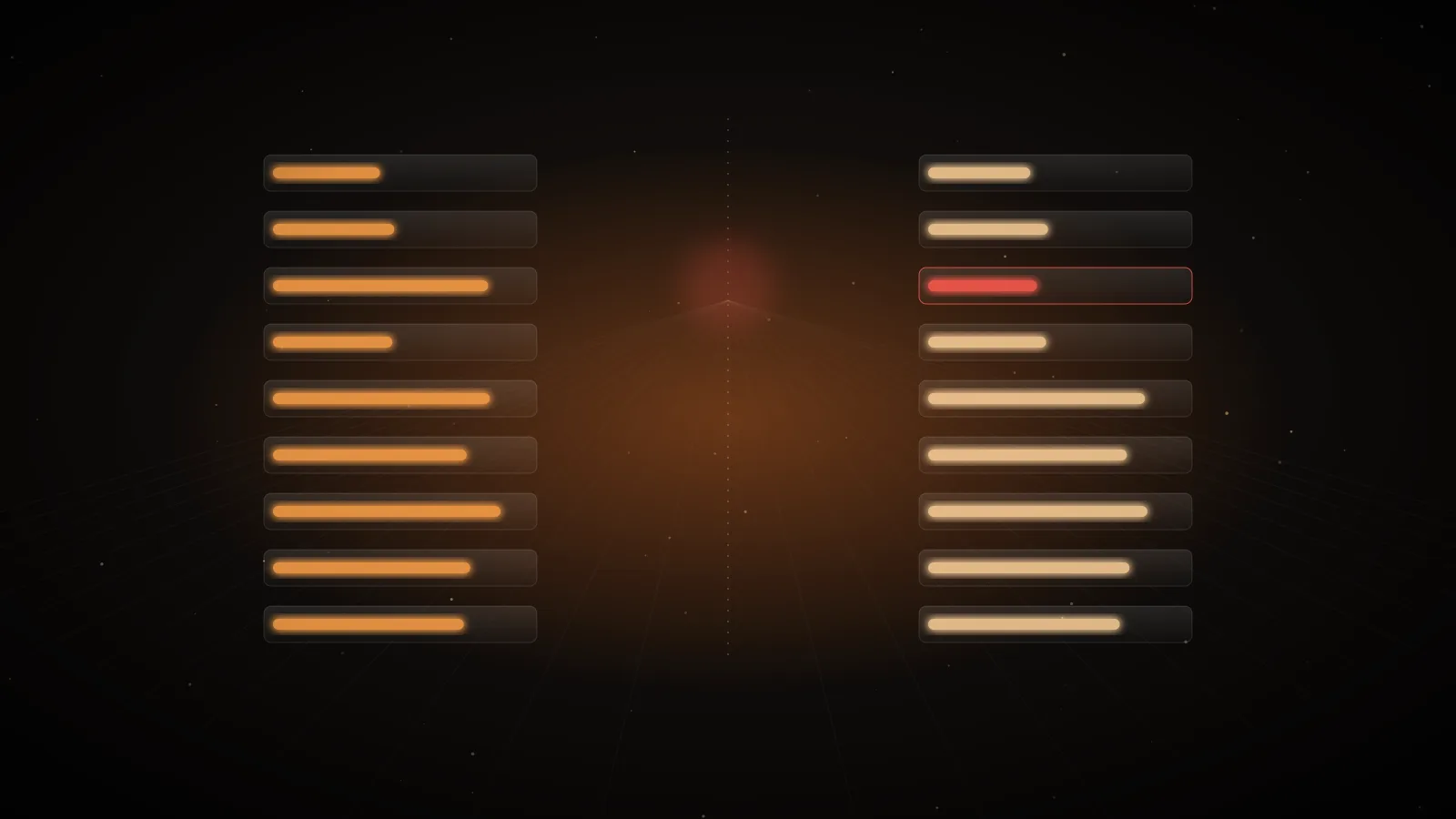 Two columns of glowing amber rows linked across the middle, aligning line by line on a dark ground, representing estimated and reported LLM cost