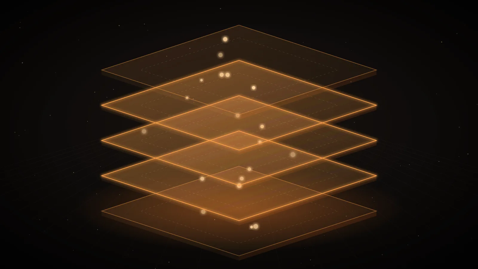 Stacked translucent isometric plates joined by glowing amber connectors on a dark ground, representing the layers between an application and a self-hosted model server