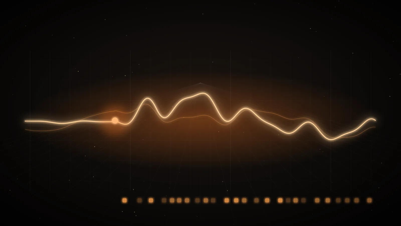 A glowing amber waveform crossing a dark ground above a row of small dots of light