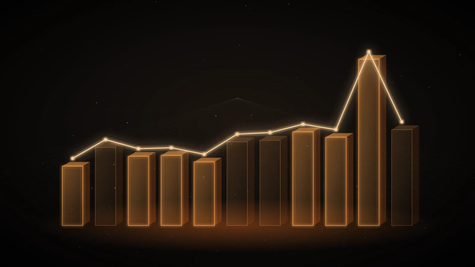 Amber glass bars on a dark ground with a line across their tops that jumps sharply at one tall bar