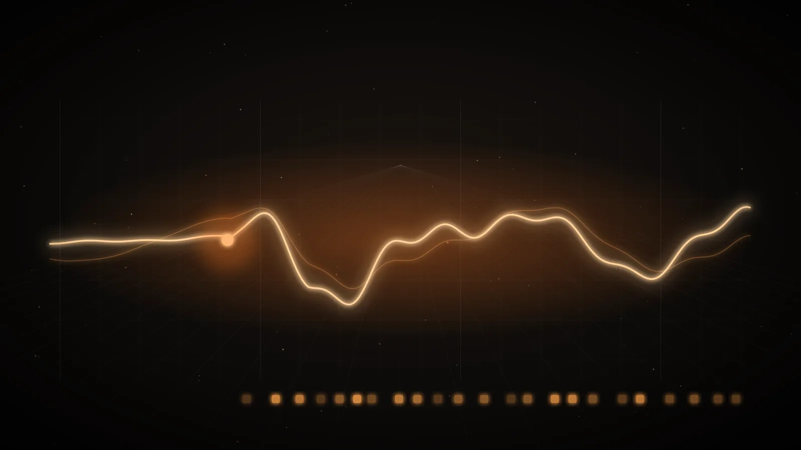 An amber signal waveform flowing across a timeline grid on a dark ground, representing a streamed model response