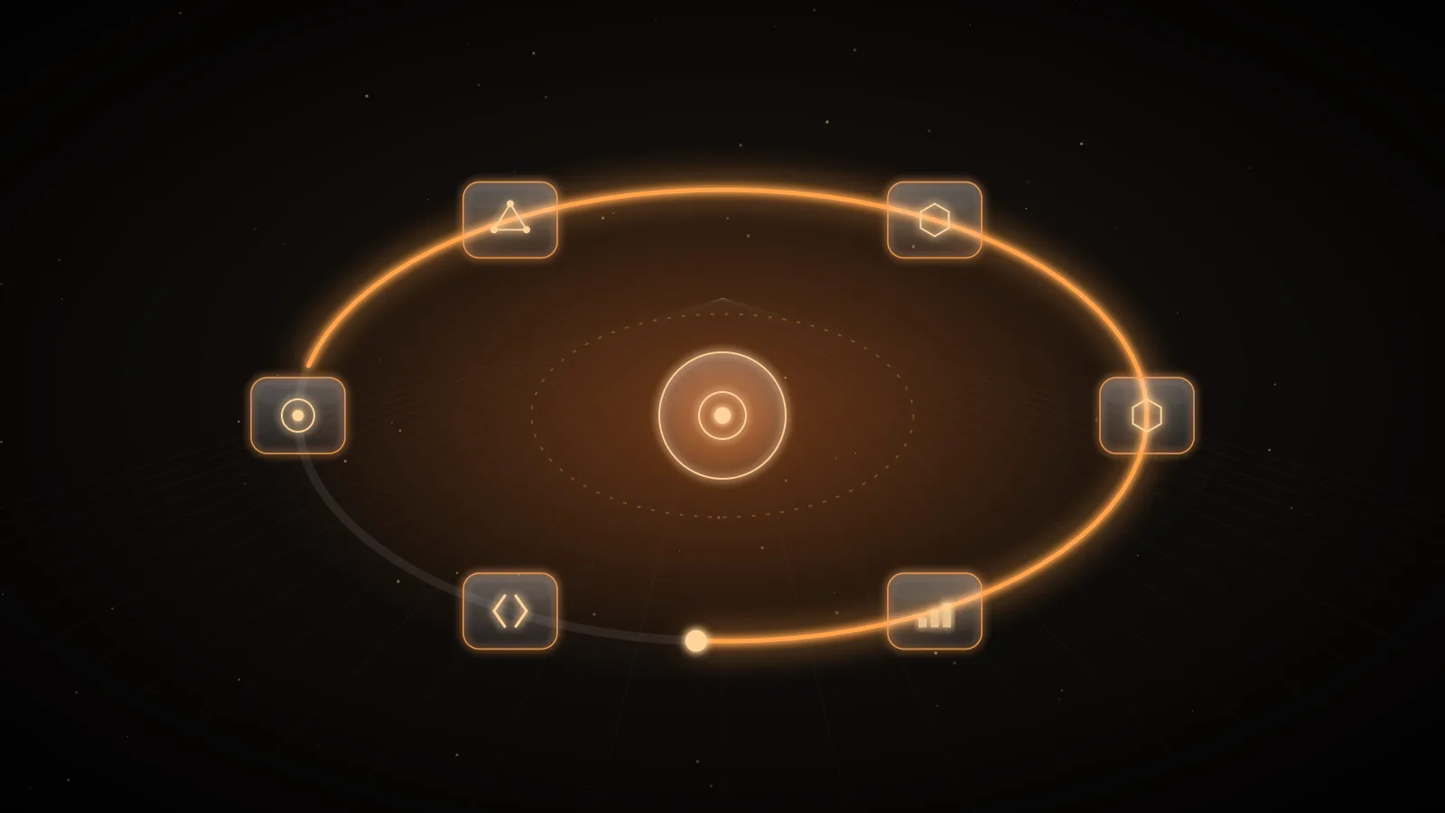An amber loop on a dark ground, each pass drawn wider than the last, with a bright mark where the loop is cut