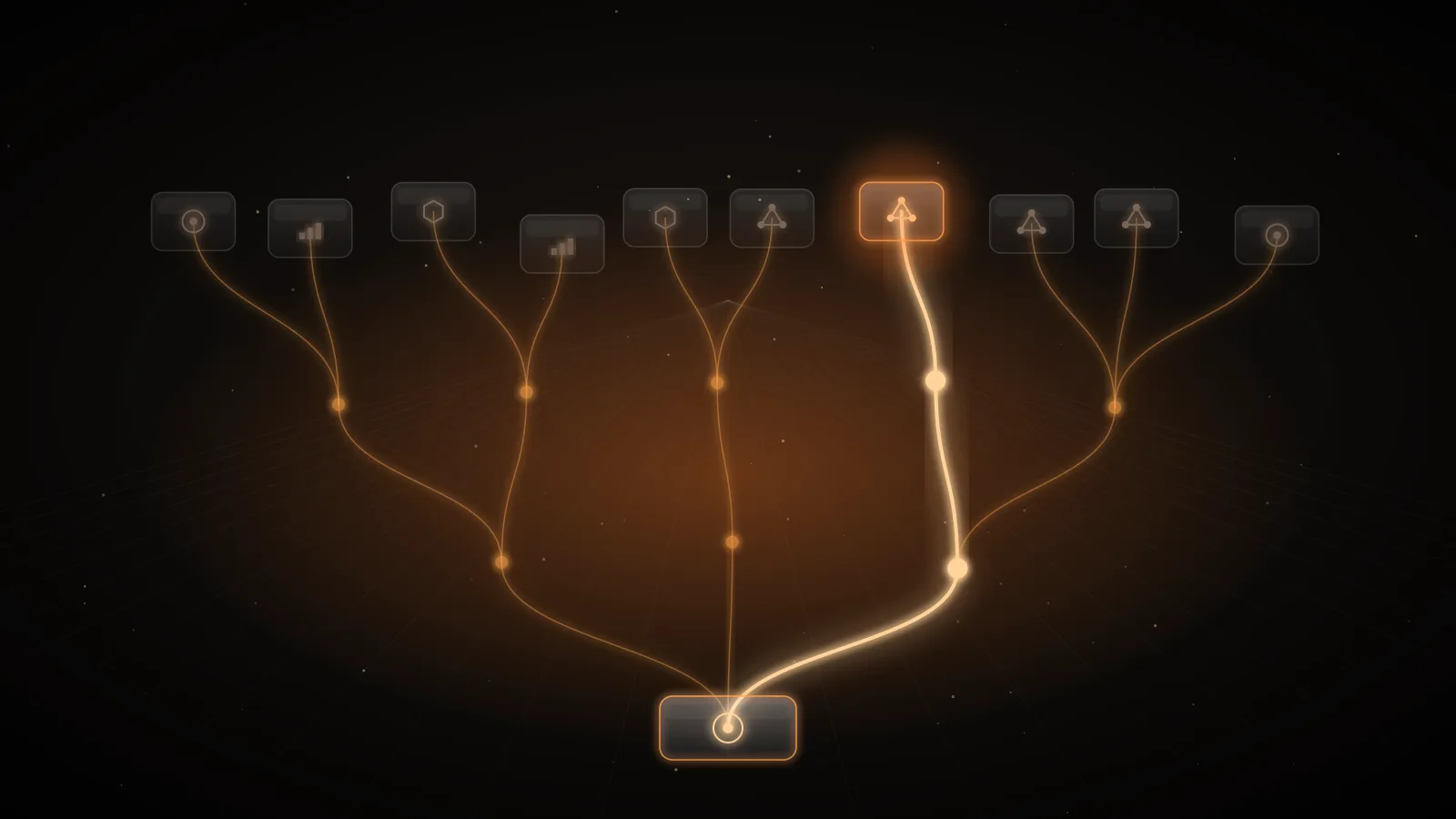 Glowing amber lines branching upward from one glass node to many small nodes on a dark ground, one path lit brighter than the rest