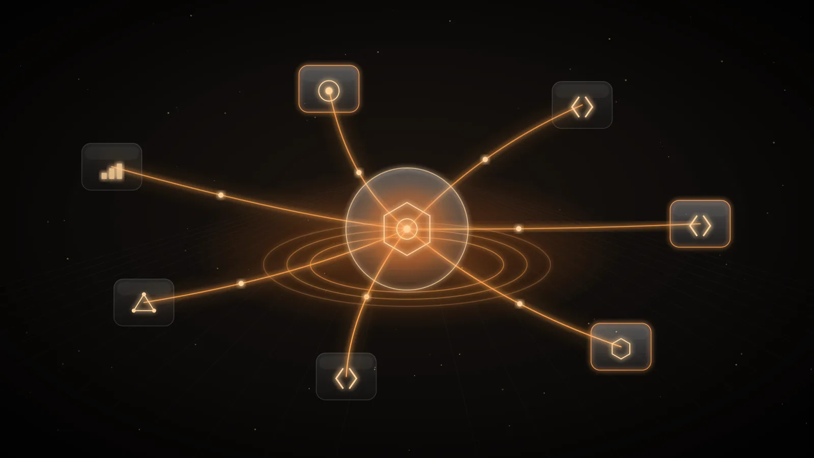 A glowing glass hub on a dark ground with amber lines running out to small glass nodes around it