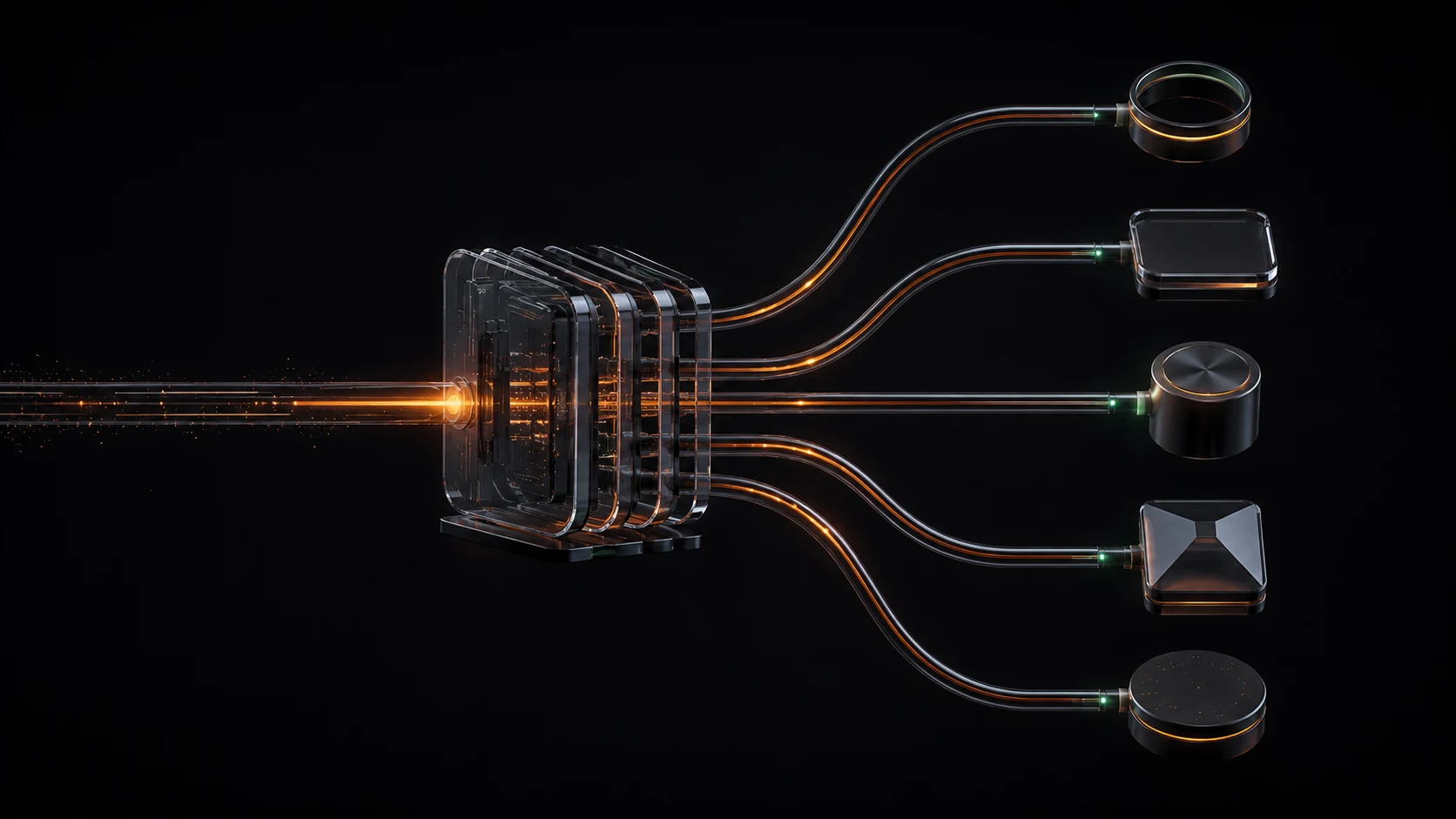 One orange request pulse entering a central glass control plane and dividing into five channels that fan out to model destinations.