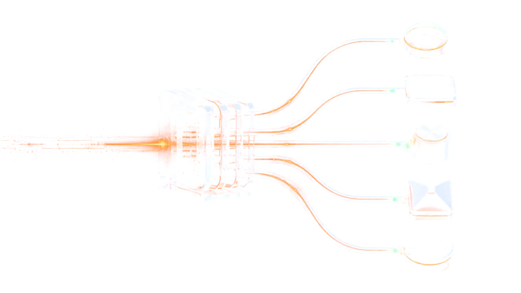 A request stream entering a layered glass control plane, with separate paths leading out to five provider endpoints.