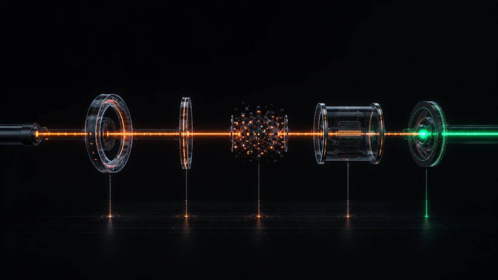 A signal crossing five diagnostic stages in sequence, each one writing a line of measurement into a ledger plane below the path.