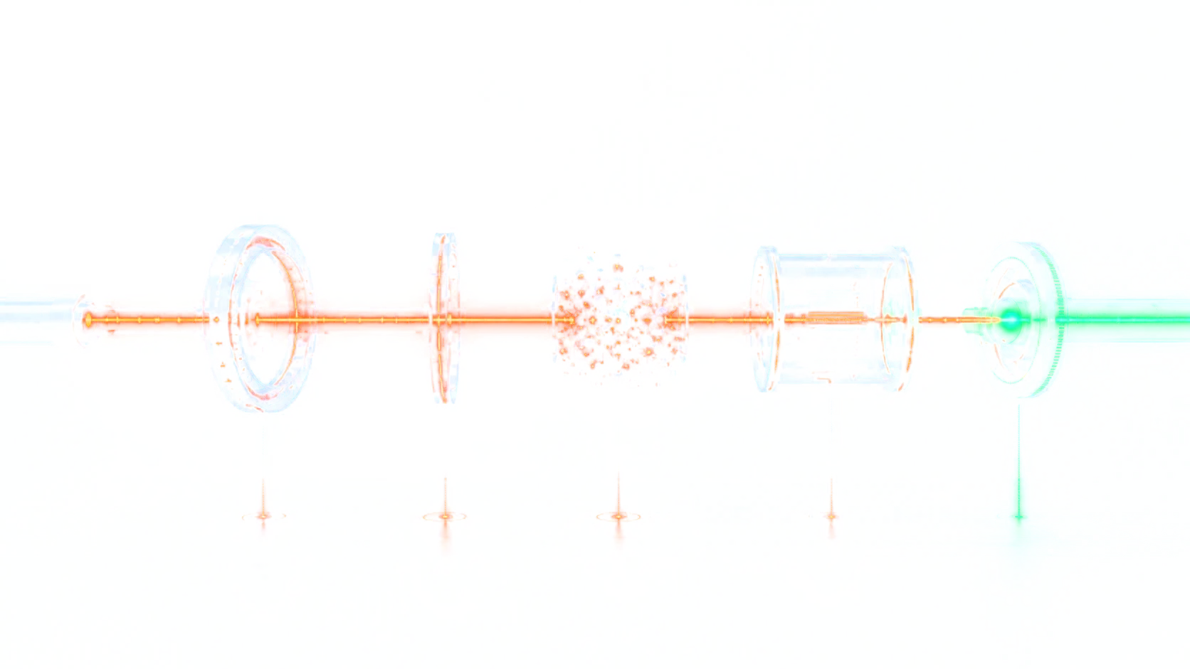 A request signal passing through a row of glass measurement stages, each dropping a reading onto a grid below, before it exits lit green.