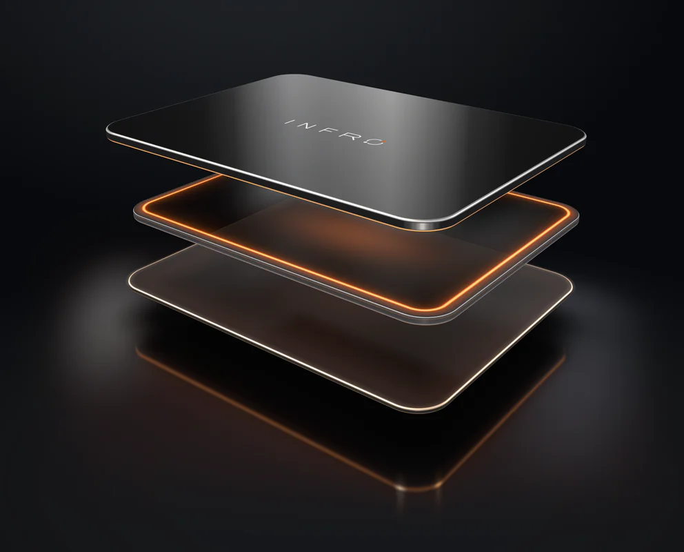 INFRO control plane: requests routed through layered glass panels to your own AI providers