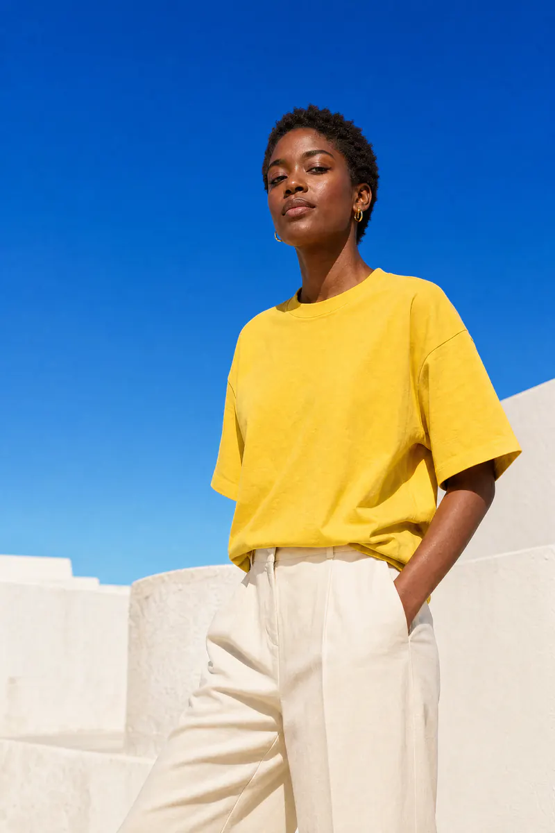 Tweede take: een model in het gele T-shirt op een wit dak op het middaguur