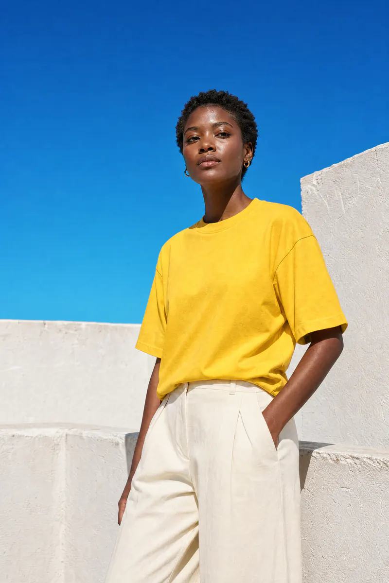 Derde take: een model in het gele T-shirt op een wit dak op het middaguur