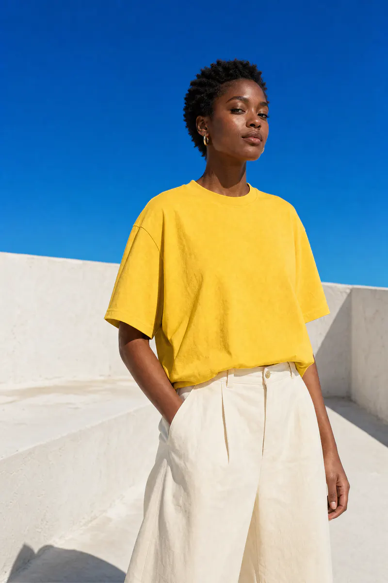 Vierde take: een model in het gele T-shirt op een wit dak op het middaguur
