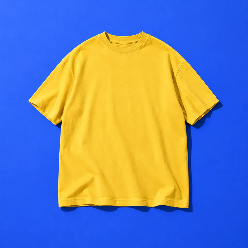 Het gele T-shirt plat op een kobaltblauwe set